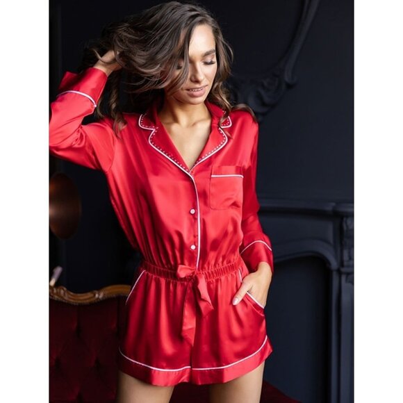 VICTORIA'S SECRET Satin Button-Front Romper with Rhinstones in Red (XS) - Picture 1 of 13
